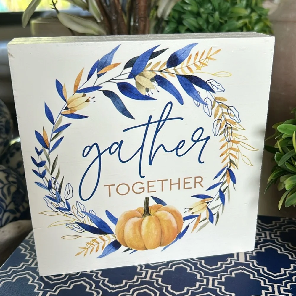 NEW! Fall Autumn Harvest Cottage Gather Together Pumpkin & Wheat Wood Sign
